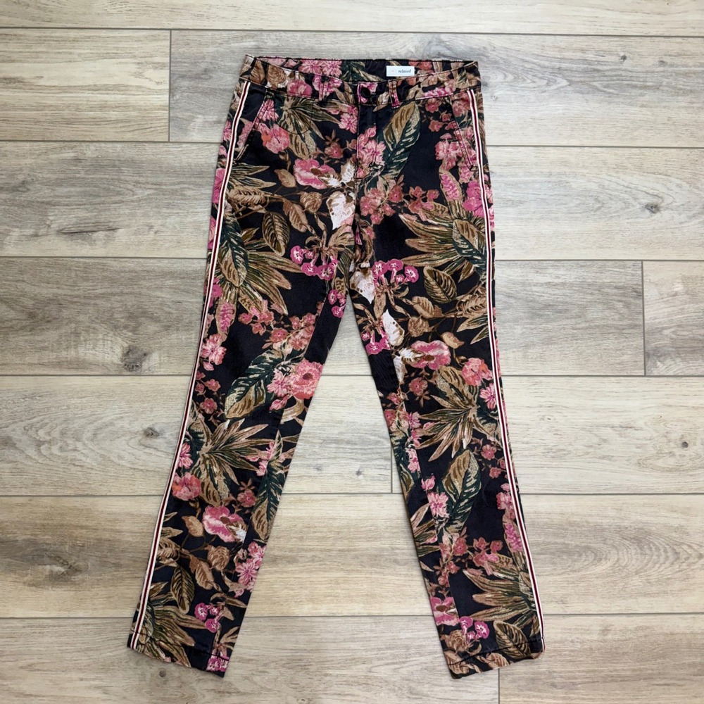 Anthropologie Relaxed Floral Chino Pants Side Stripe Black Pink Size 26 Boho